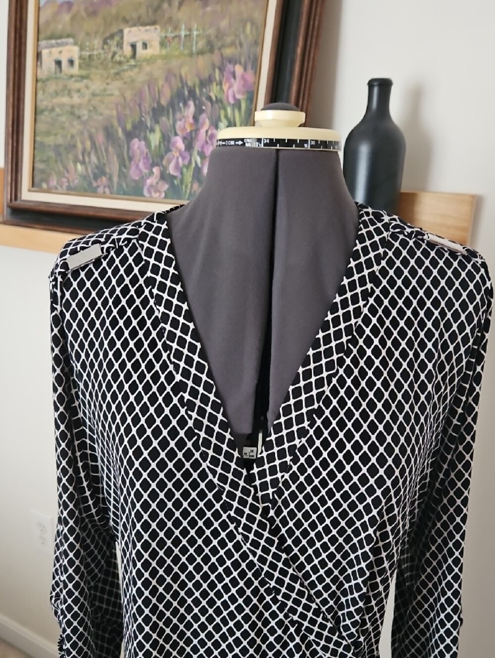Calvin Klein Black and White Geometric Midi Wrap Dress - Picture 2 of 6